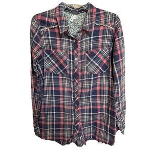 We‎ The Free Women Med Multi-color Lg Sleeve Button Front&Back Plaid Raw Edge